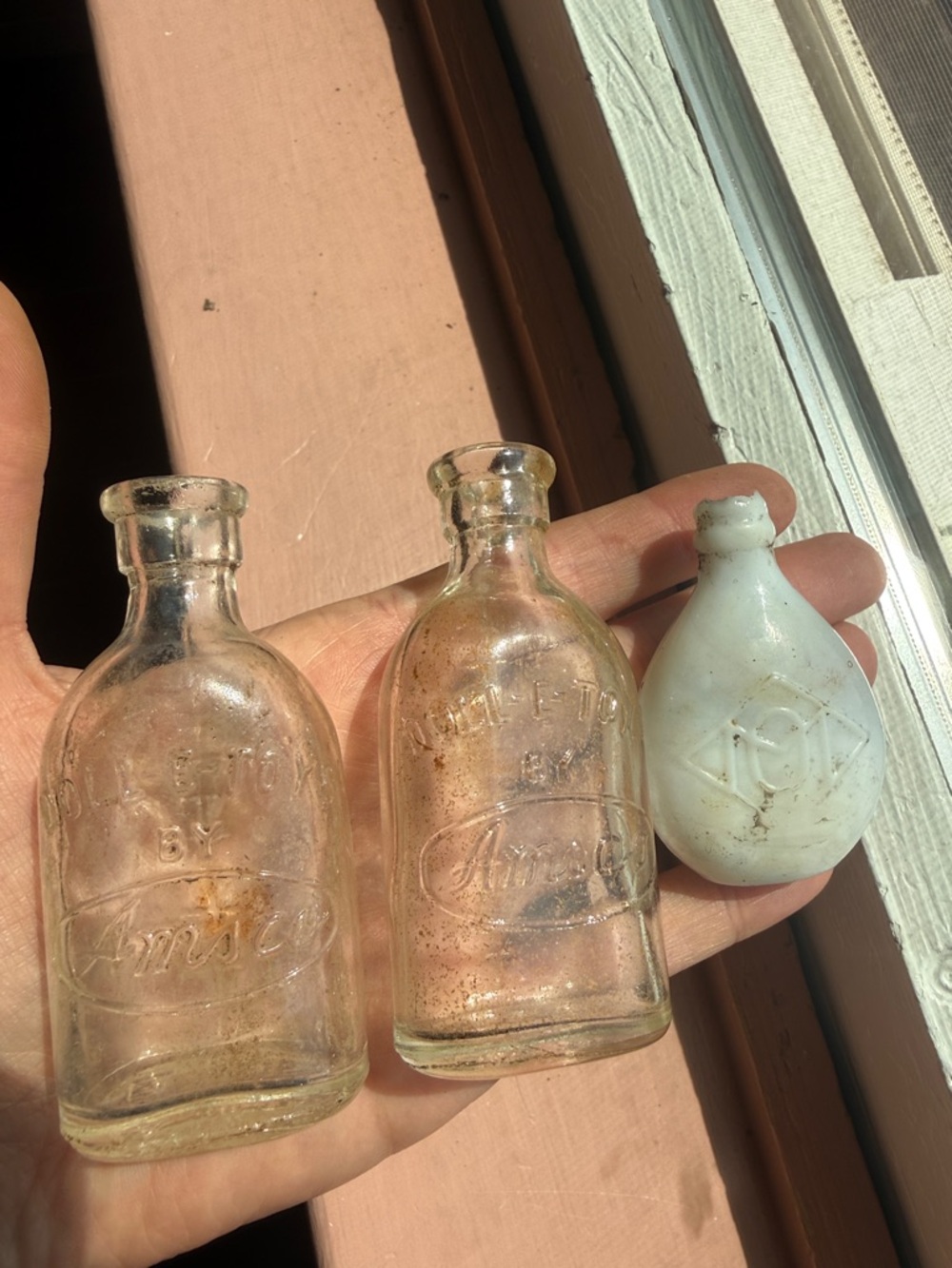 Vintage Glass embossed corktop Bottles for baby dolls - 2 clear and 1 milk glass